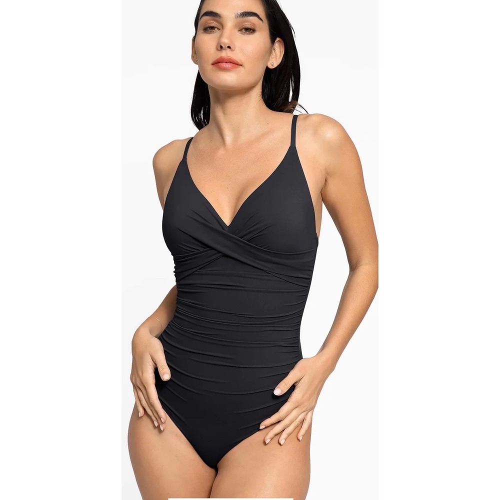 Popilush Black Ruched One Piece Swimsuit Size 3XL Tummy Control Surplice
